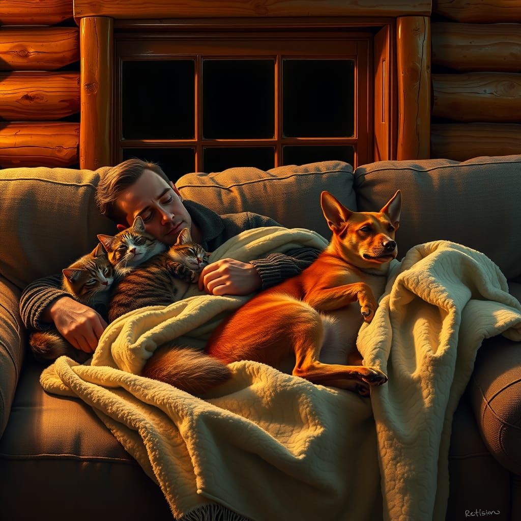 Cozy Cabin Scene with Pets, Hyperrealistic Style