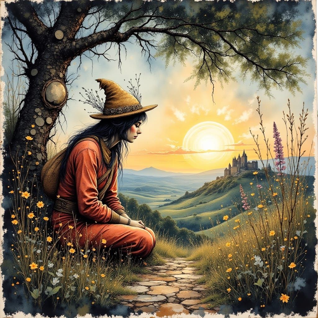 Monk Praying in Golden Light, as Watercolor