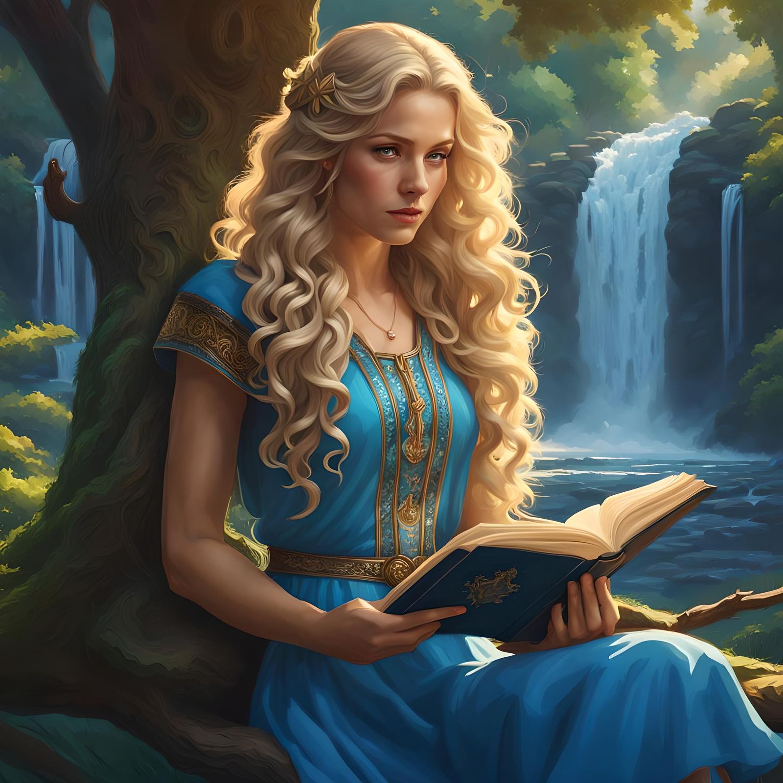 Blonde Girl Reading by Waterfall: Hyperdetailed Portrait