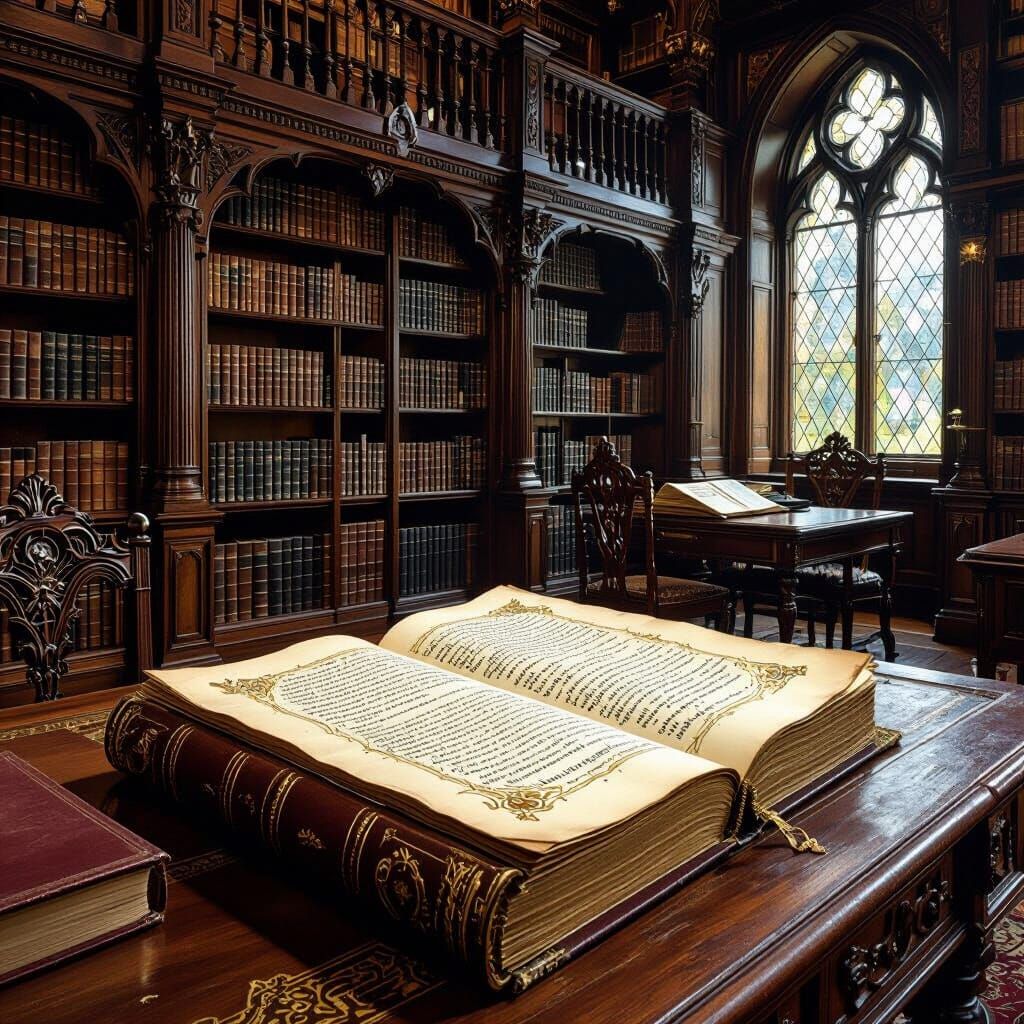 Victorian Library with Open Manuscript in Romantic Style