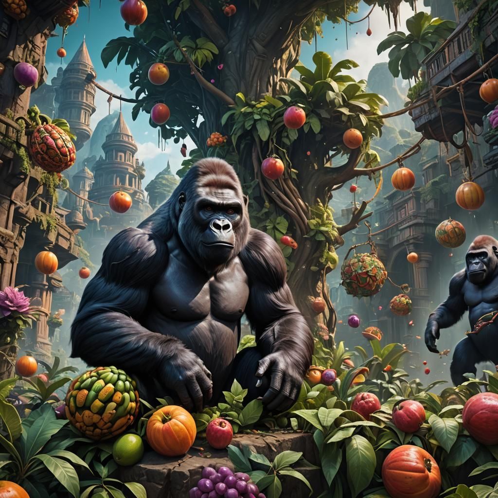 Gorilla Miranda Surrounded by Colorful Fruit