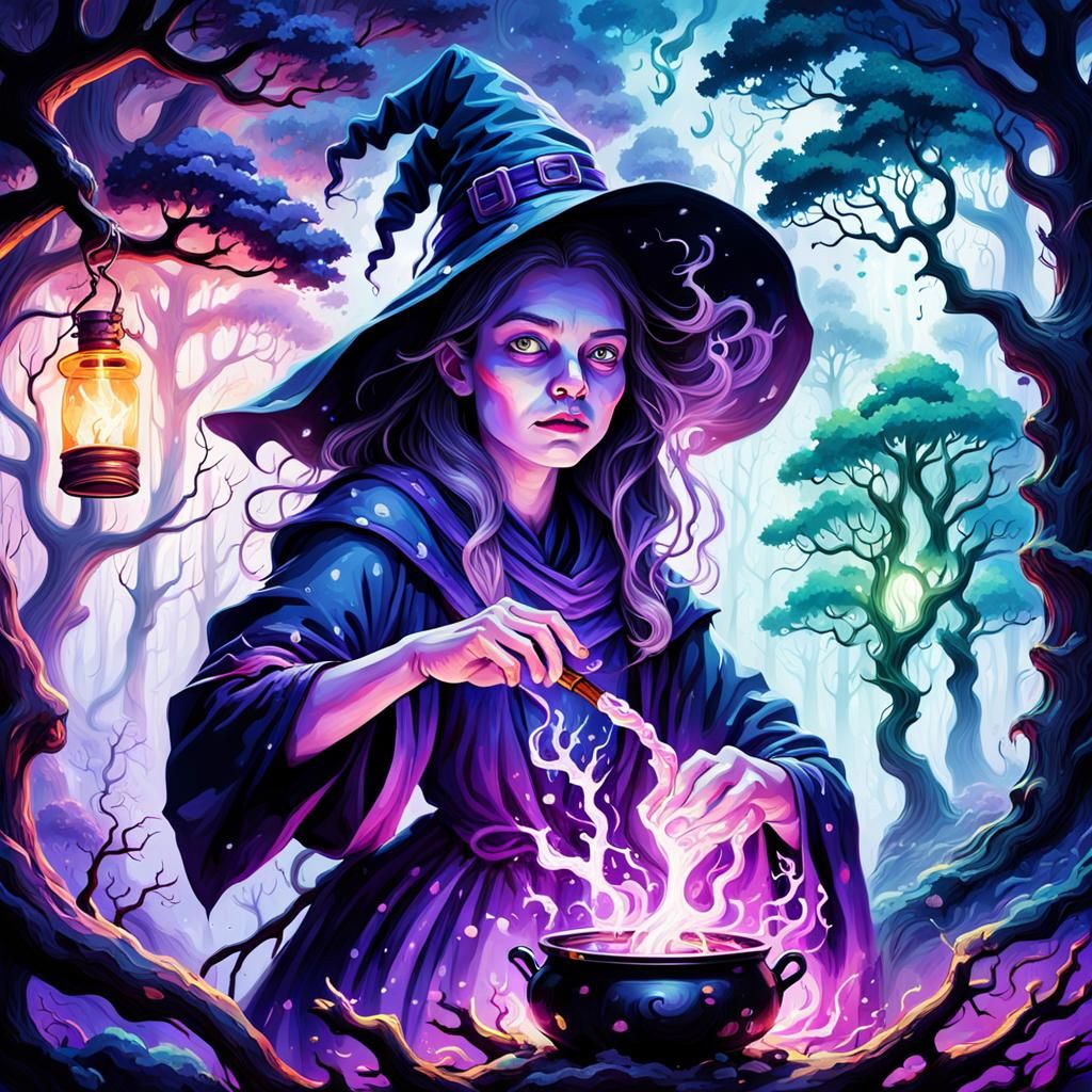Mystical Forest Witch Brewing Potion, Oil Painting