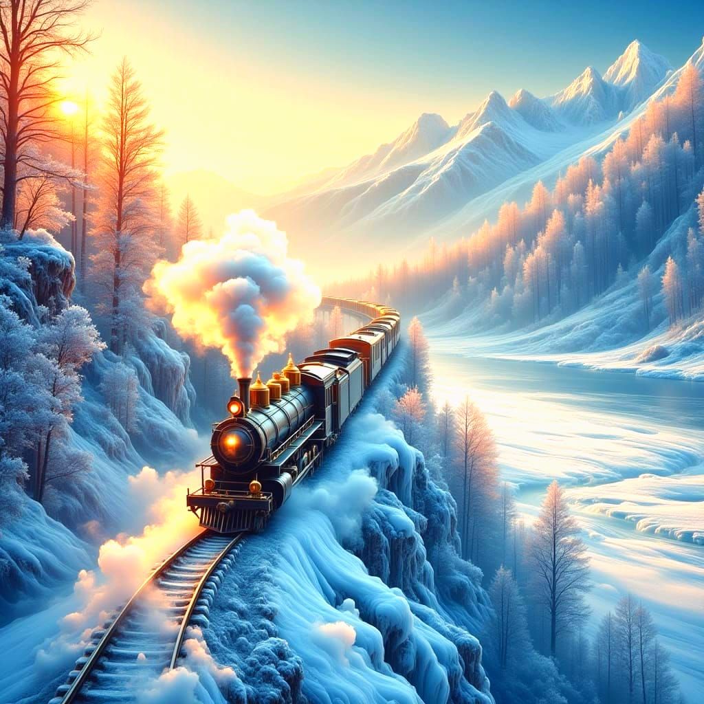 Majestic Steam Train Crosses Frozen Mountain Pass at Sunset
