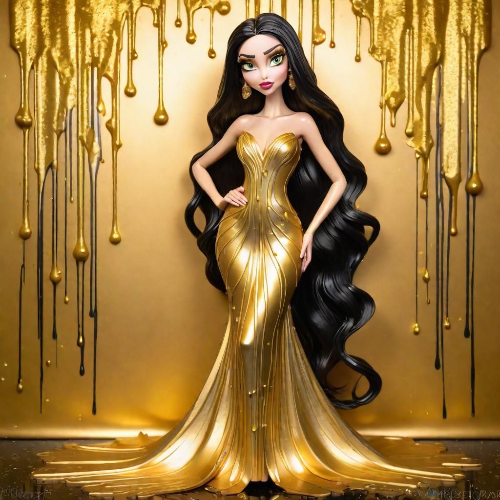 full length image of a Disney Pixar style 3D beautiful woman, wearing a stunning liquid gold dress dripping gold, long b...