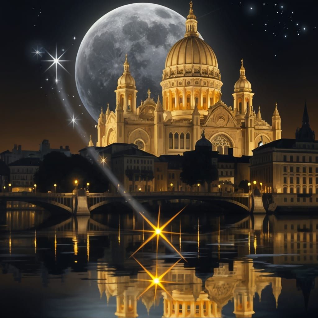 Ethereal Cityscape at Dusk with Yin and Yang Symbol Over the...