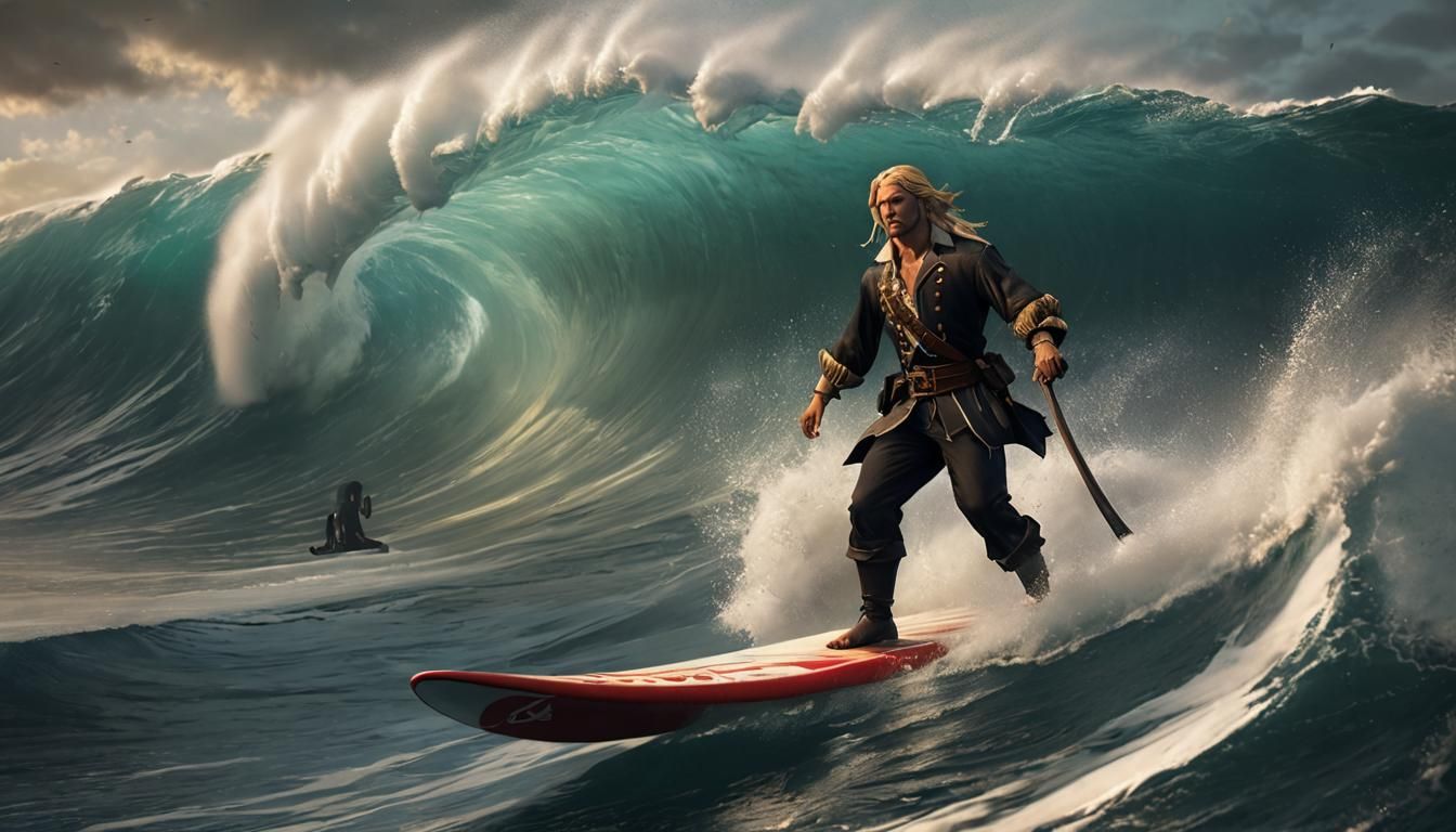 Blonde Pirate Captain Surfing a Big Wave