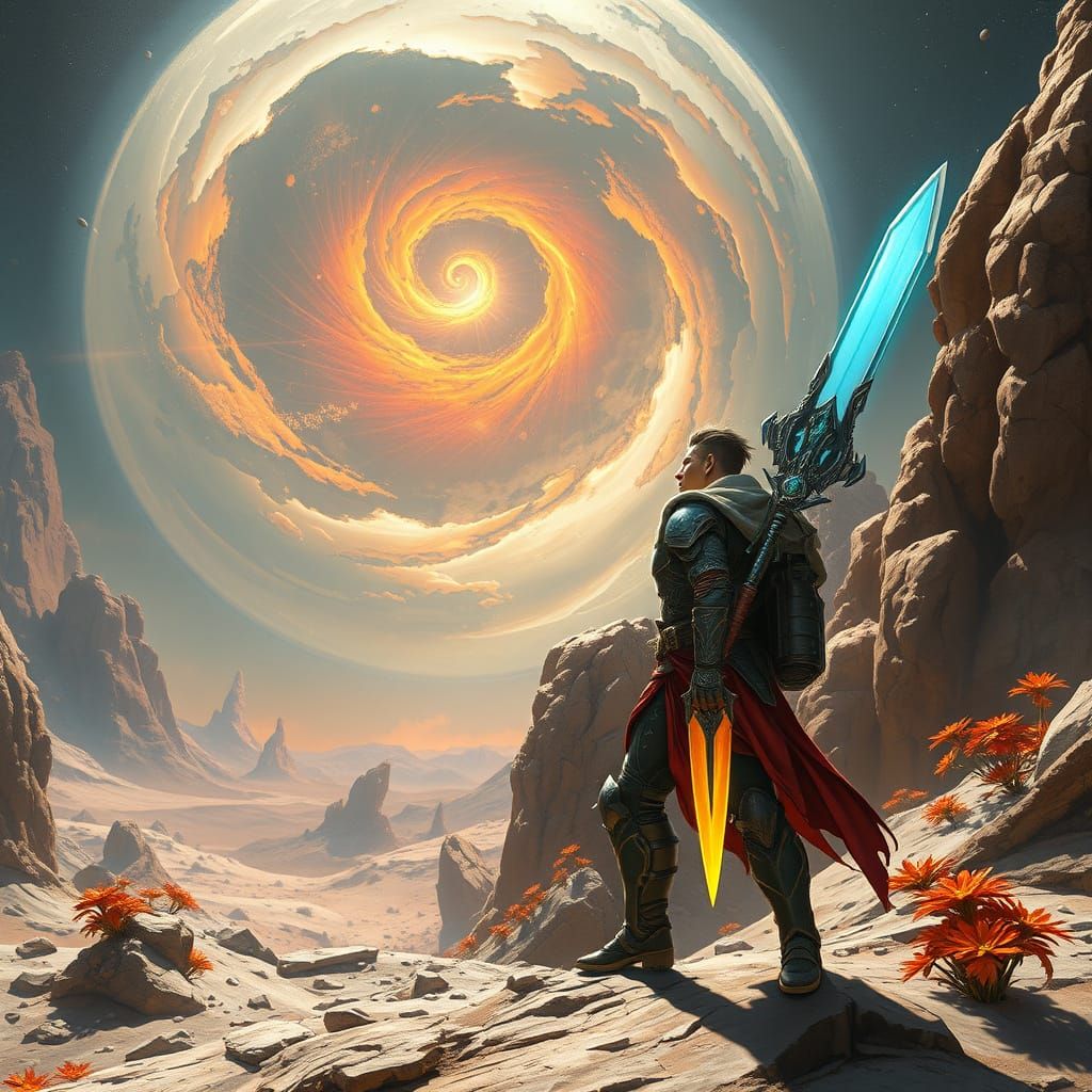 Elven Explorer Stands on Alien Moon, Gazing at Swirling Nebu...