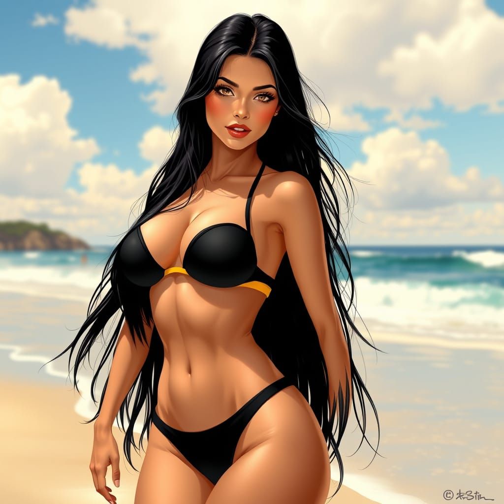 Radiant Woman in Bikini: Art Nouveau Beach Beauty