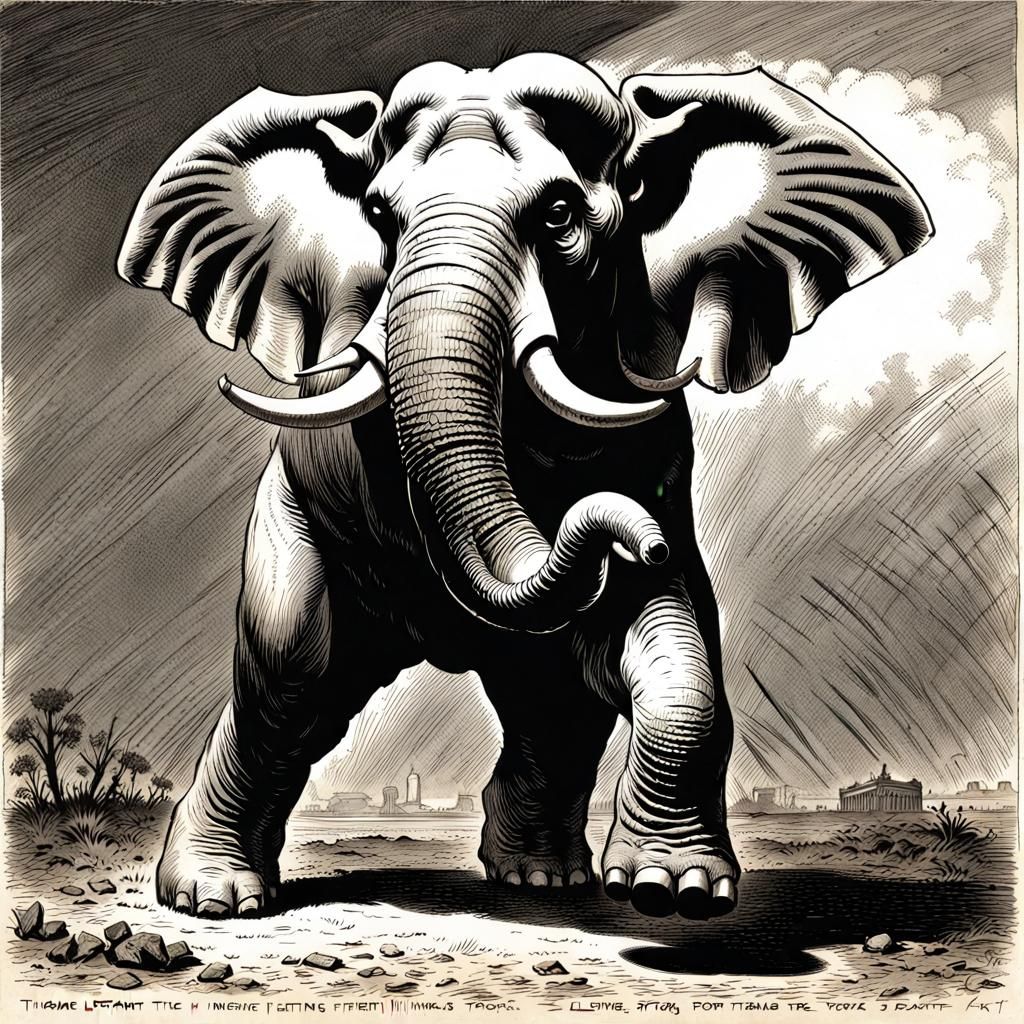 Elephant in fighting stance. 
Thomas Nast comic book art 
(Experiment if AI knew what an Elephant is)