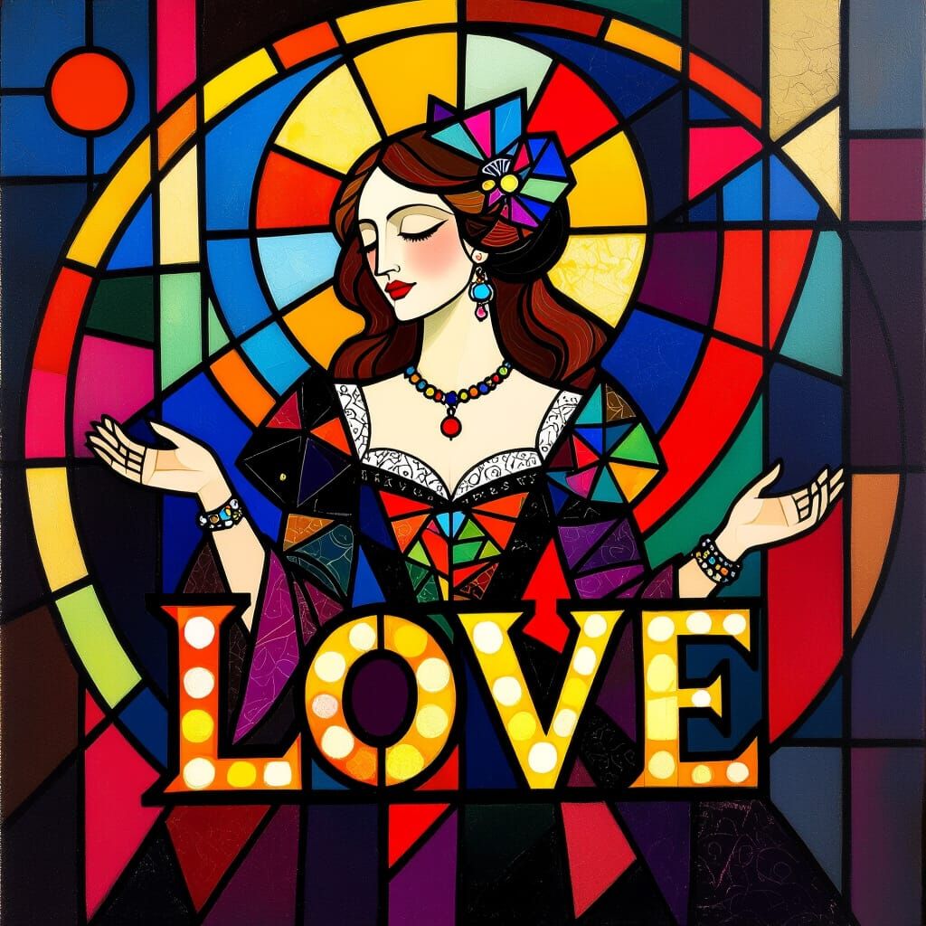 Gothic Woman in Stained Glass with Geometric Art