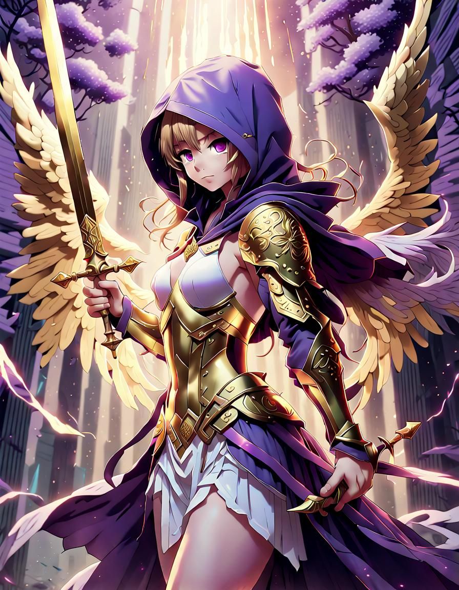 Hooded Angel with Golden Sword and Ethereal Wings
