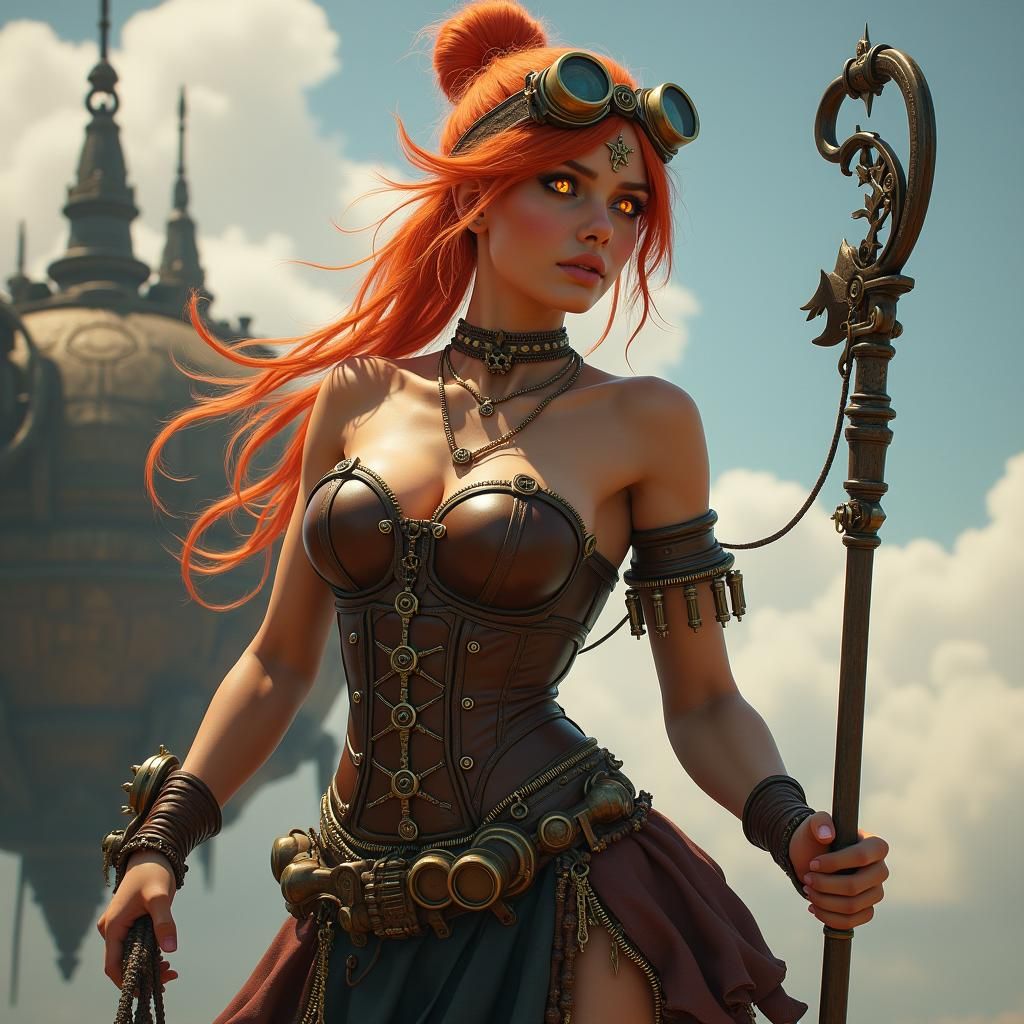 Steampunk Adventurer on Airship, Digital Art