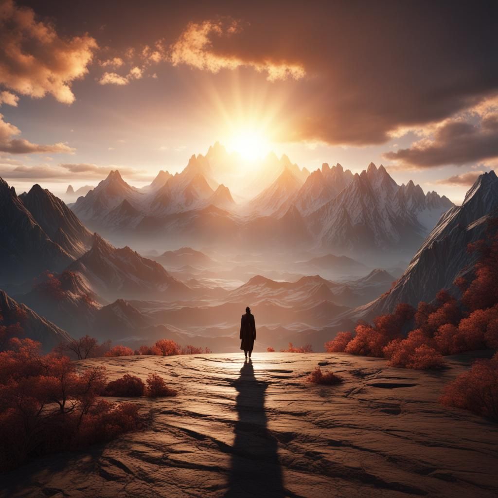 Sunrise Shadow Face with Mountains, Detailed Matte Painting