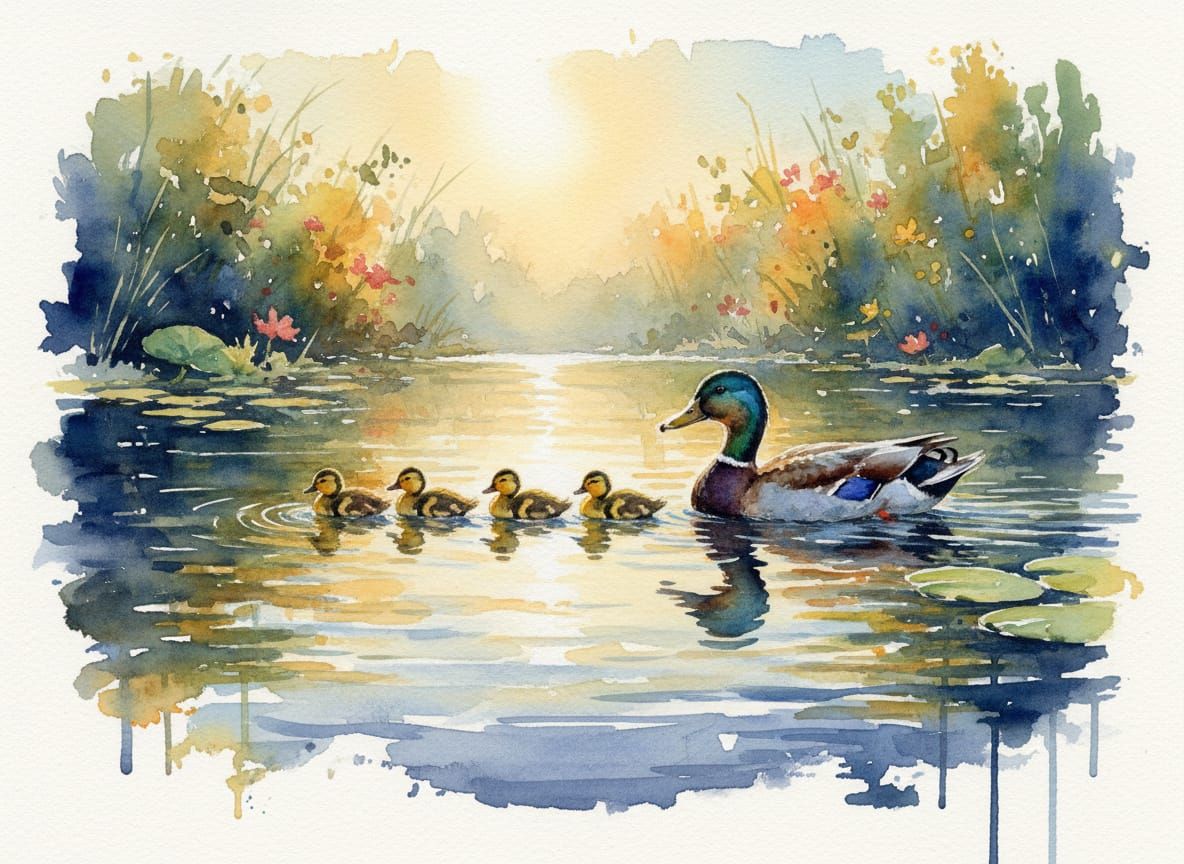 Duck Family Swimming in Sunny Pond Watercolor Painting
