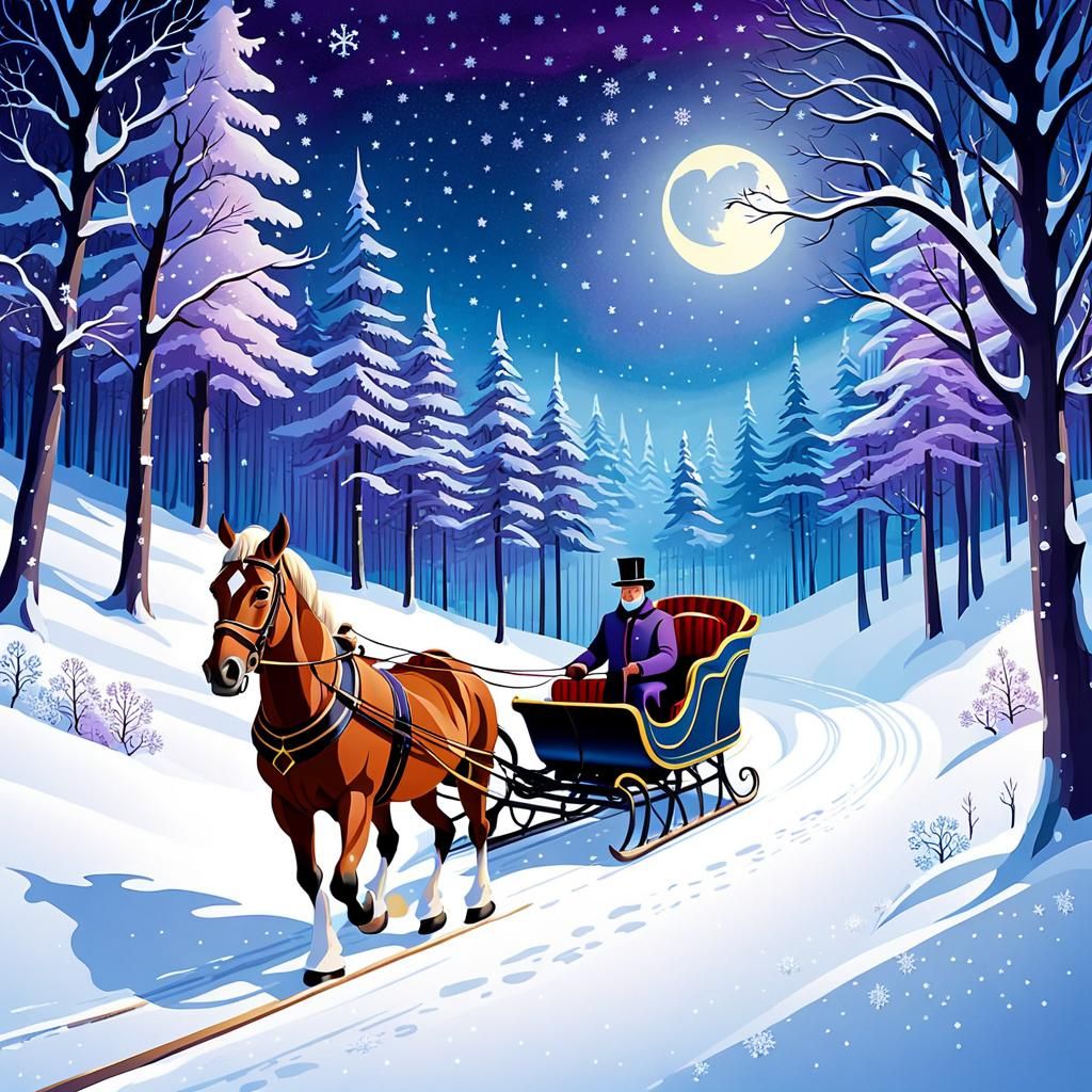 Whimsical Horse-Drawn Sleigh in a Vintage Forest Scene