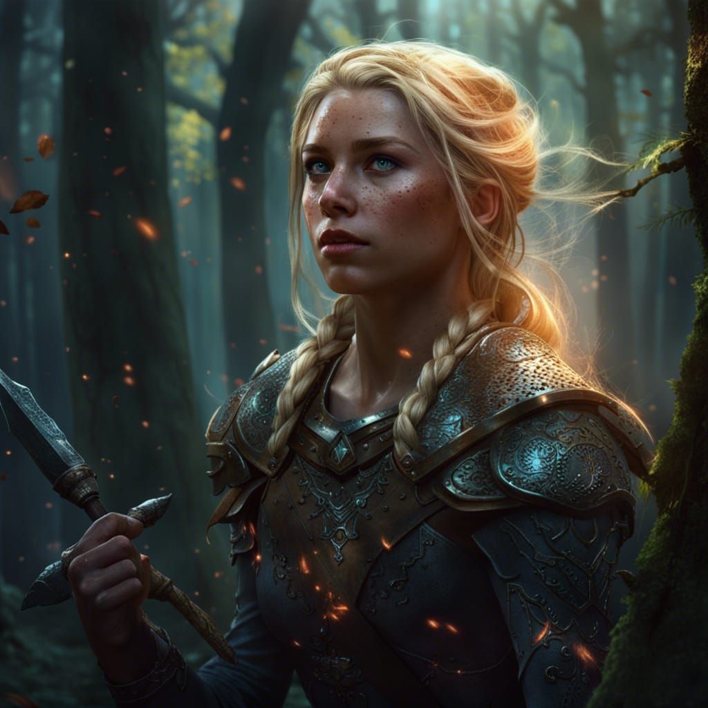 Warrior Princess in Magical Woods: Dark Fantasy Art