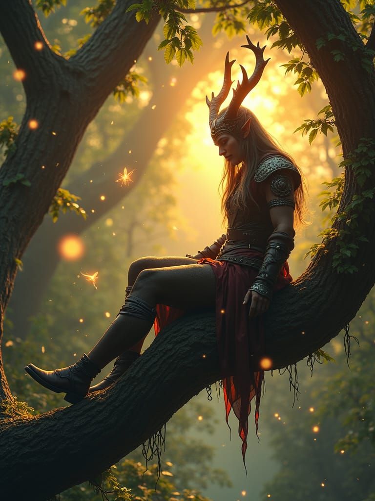Elven Druid in Faerie Forest at Sunset
