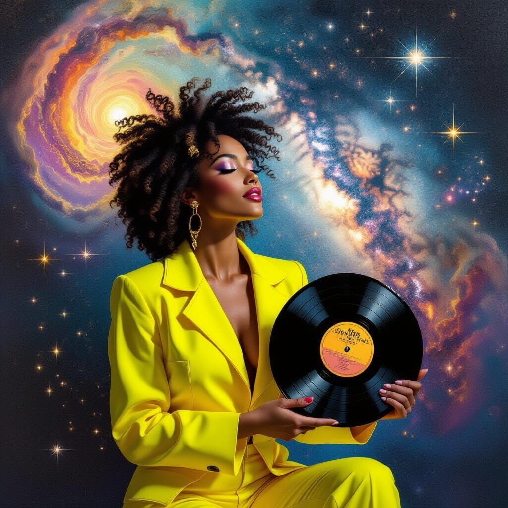 Woman Contemplates Universe with Vinyl Record in Afrofuturis...