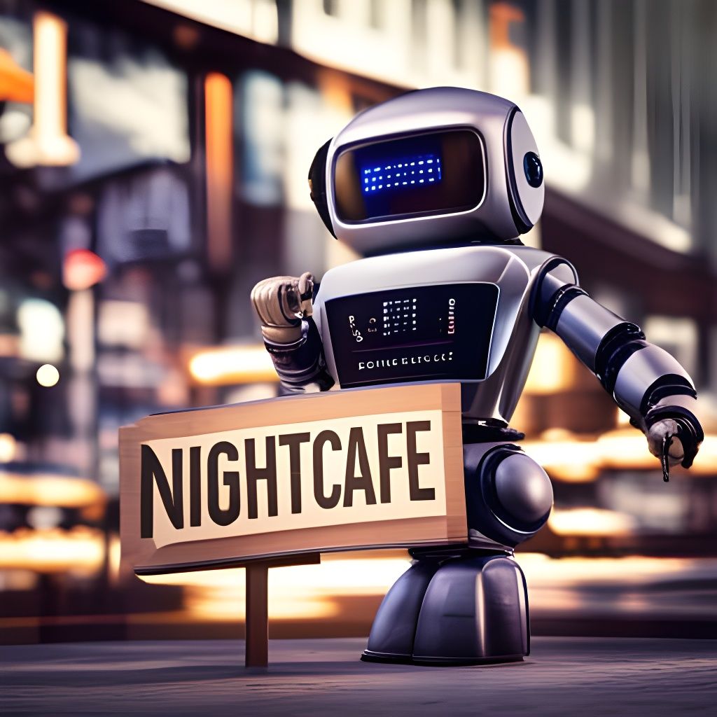 Cute Robot Holding NightCafe Sign in HDR