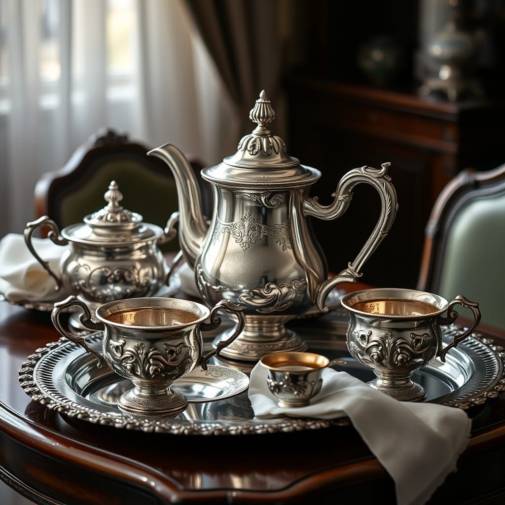 Antique Silver Tea Set Still Life in 8K