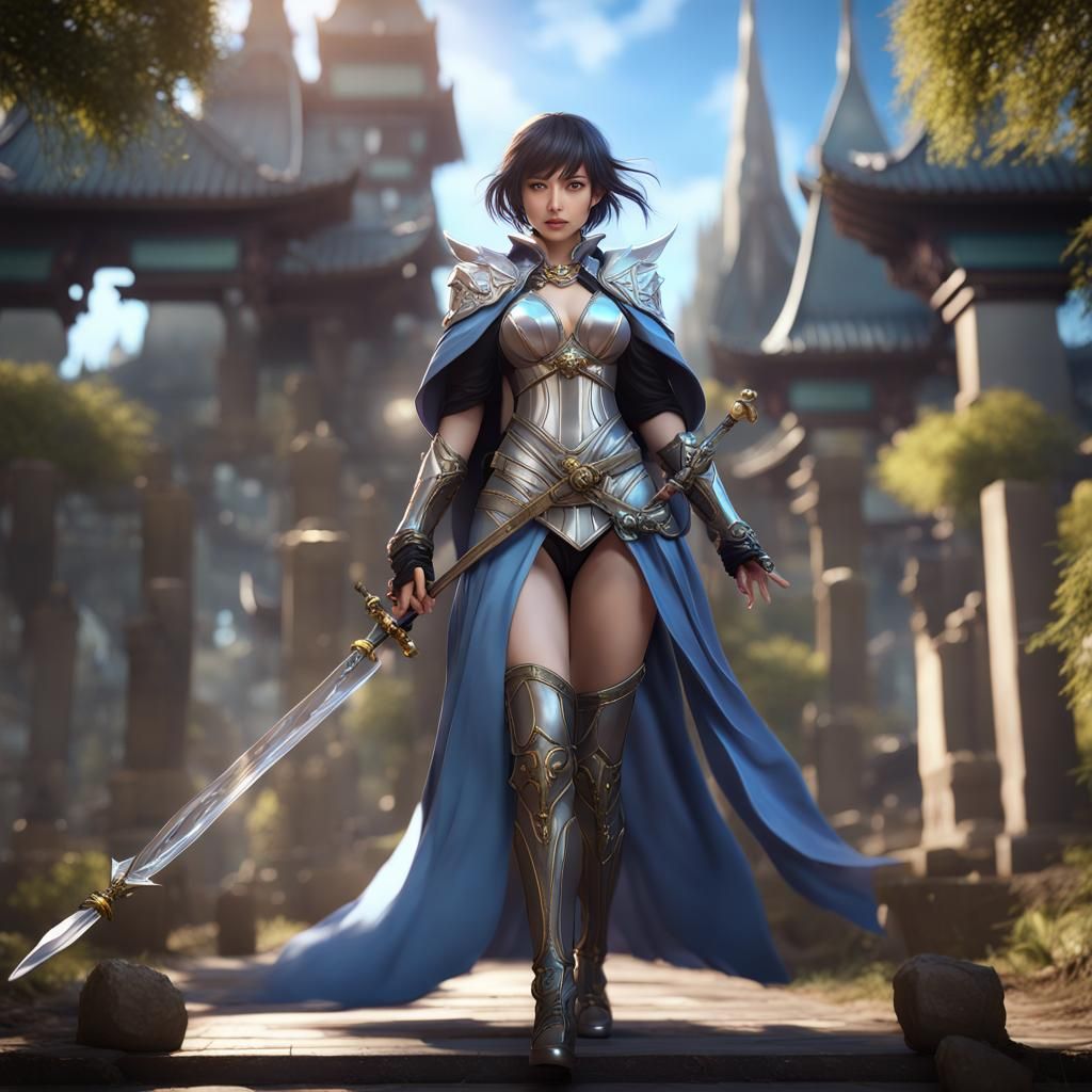 Anime Wizard Lady with Sword in Detailed Armor