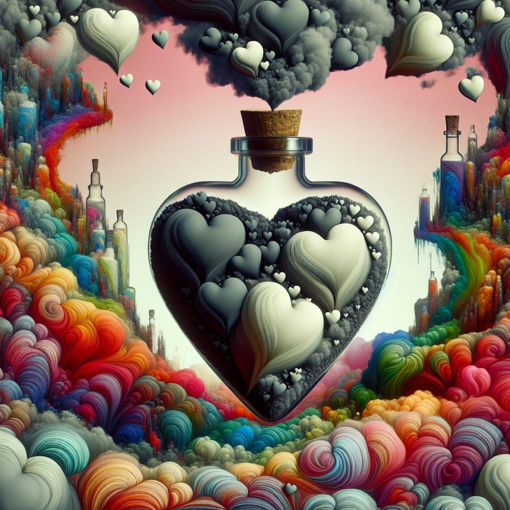 Surreal Heart Clouds Emerge from Poison Bottle