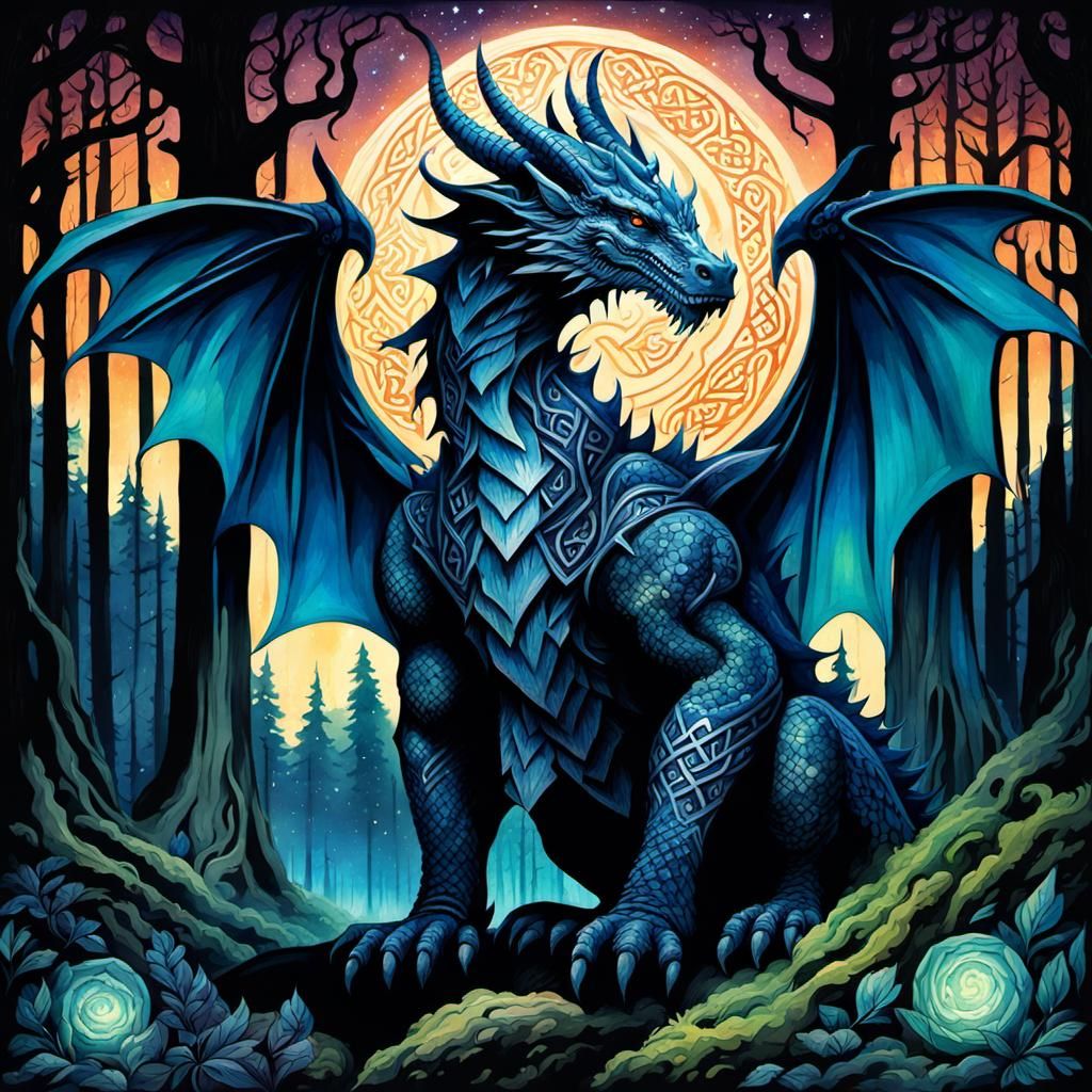 Watercolor Dragon in Celtic Forest Under Starry Night