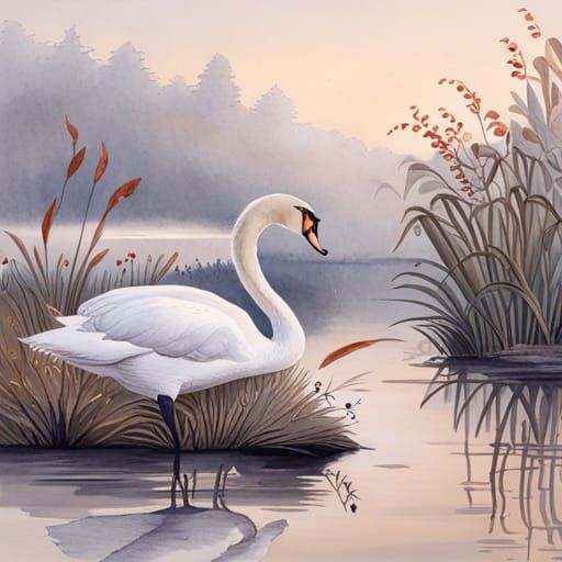 Elegant Swan in Natural Setting: Art Nouveau Watercolor