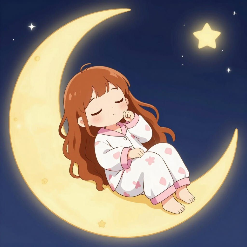 Cute Anime Kitsune Girl Sleeps on Crescent Moon
