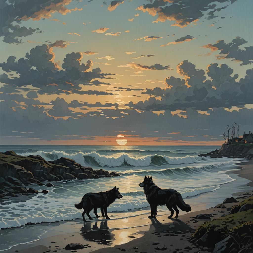 Lycanthrope on Sea Coast: Gouache Illustration