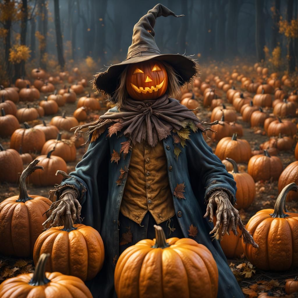 Fantastical Scarecrow with Pumpkin Face, Digital Art