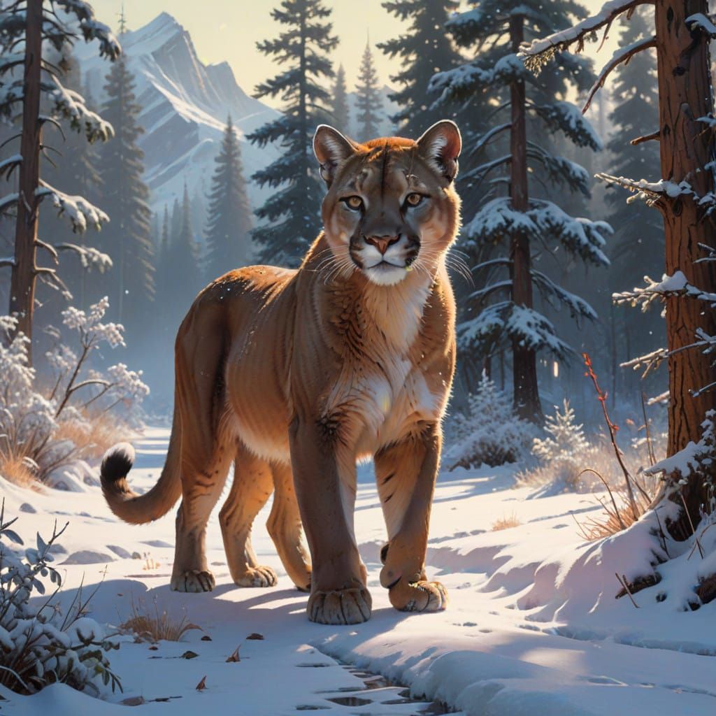 Surreal Winter Landscape with Majestic Mountain Lion