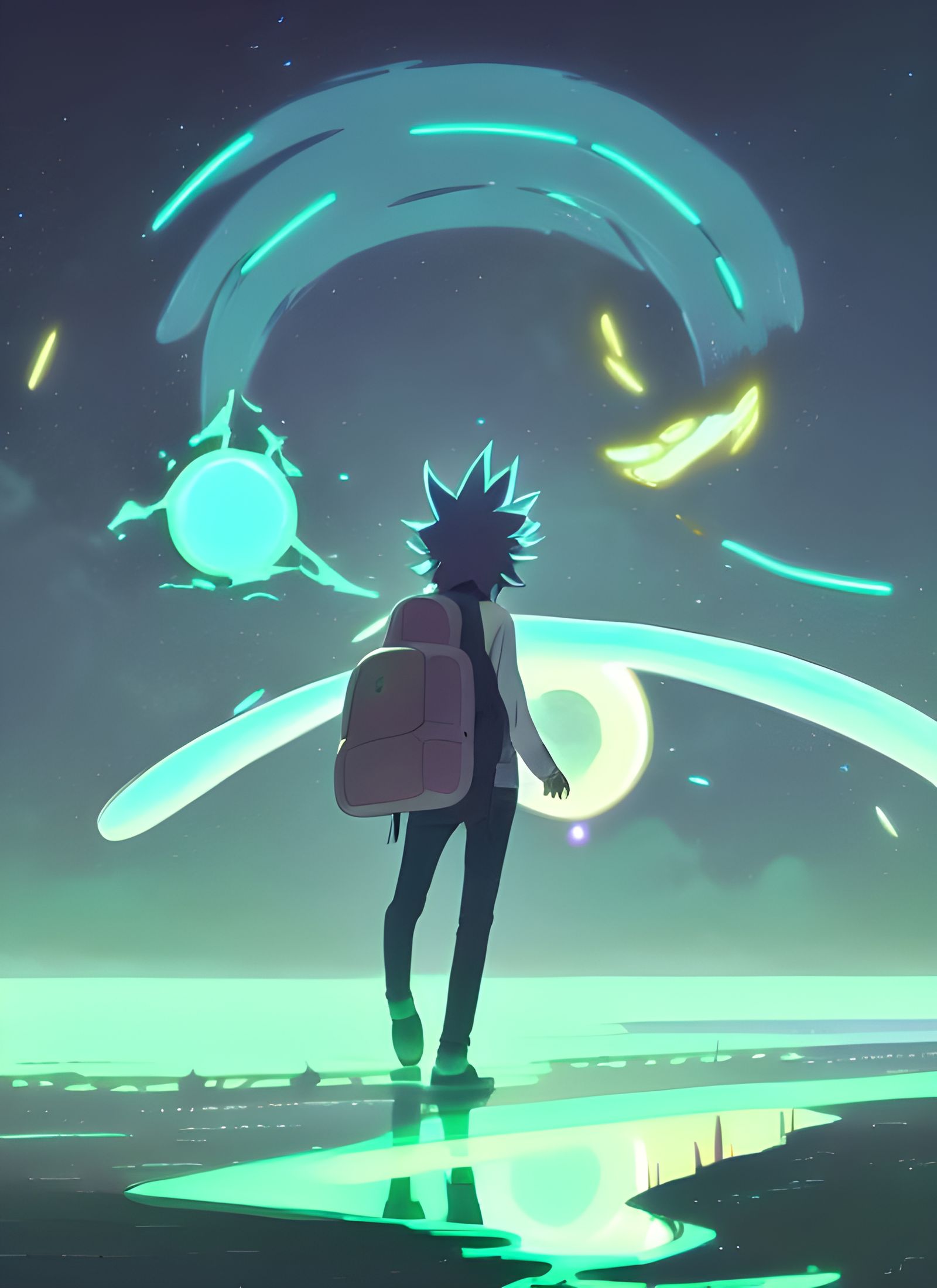Rick and Shimmering Portal in Anime Style