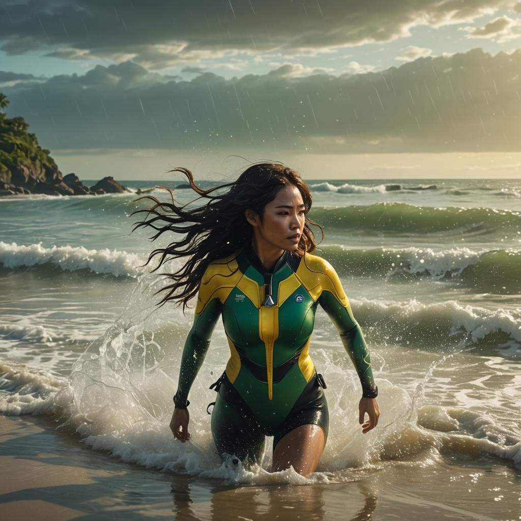 Pinay Woman in Wetsuit on Beach, Hyperrealistic Art