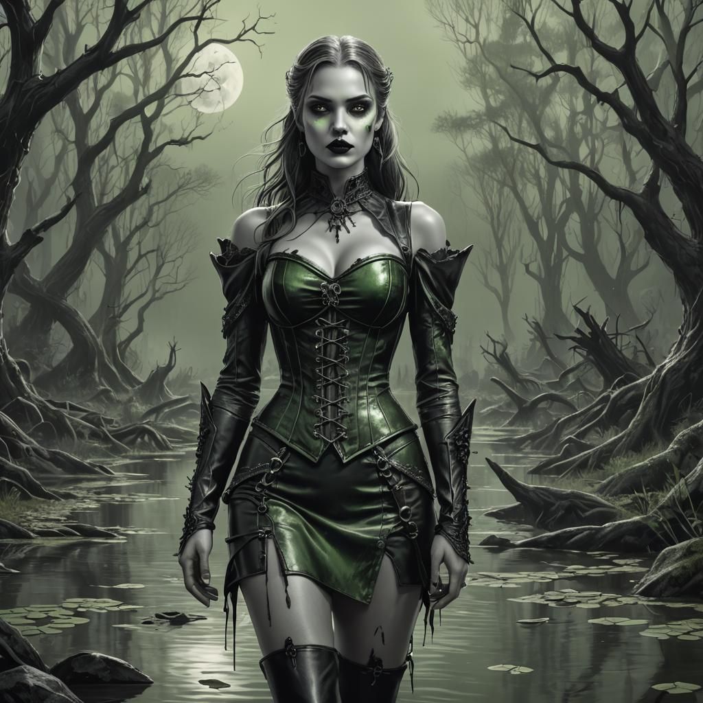 Vampire in Bayou: Grayscale Fantasy Art