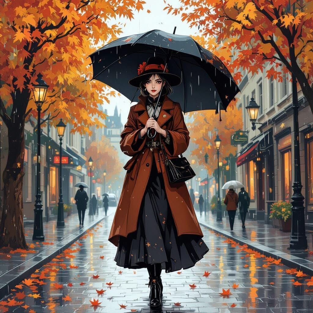 Yami in Luxurious Fall Outfit on Rainy European Street