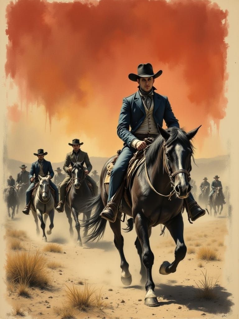 Dramatic Wild West Scene with Cowboy Riding Horse