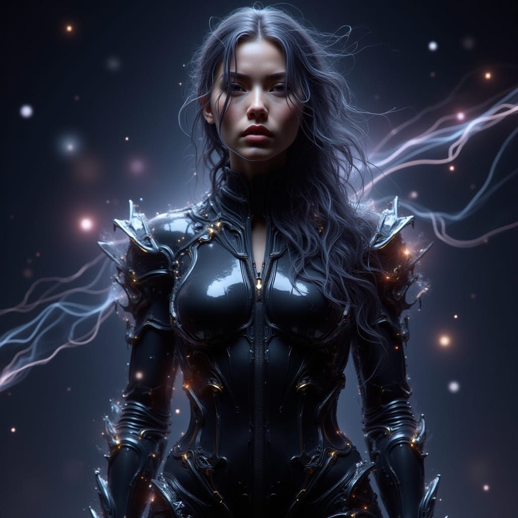 Portrait of a woman in metallic black suit