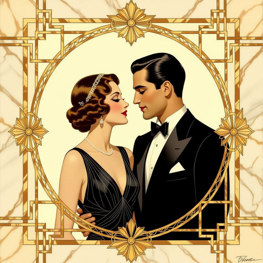 Art Deco Couple in Golden Geometric Frame