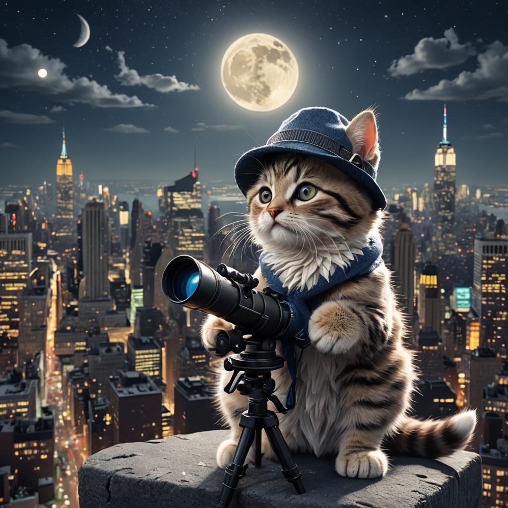Kitten Gazing at Moon Over New York: 3D Render