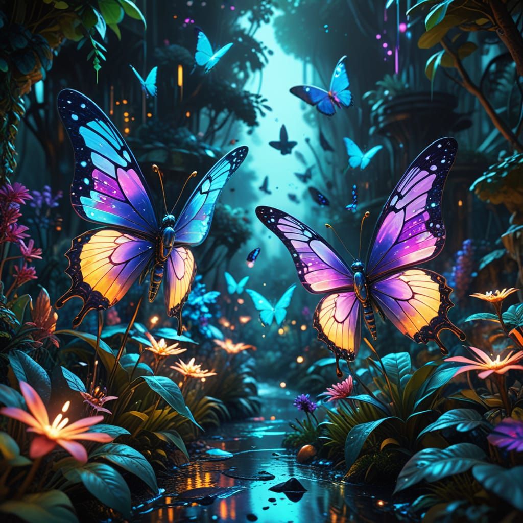 Robotic Butterflies Pollinating Bioluminescent Flowers in Fu...