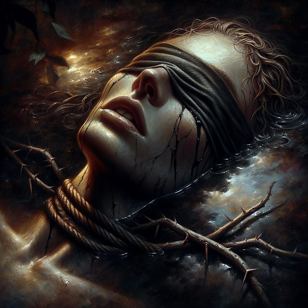 Dark Fantasy: Blindfolded Woman in Murky Waters