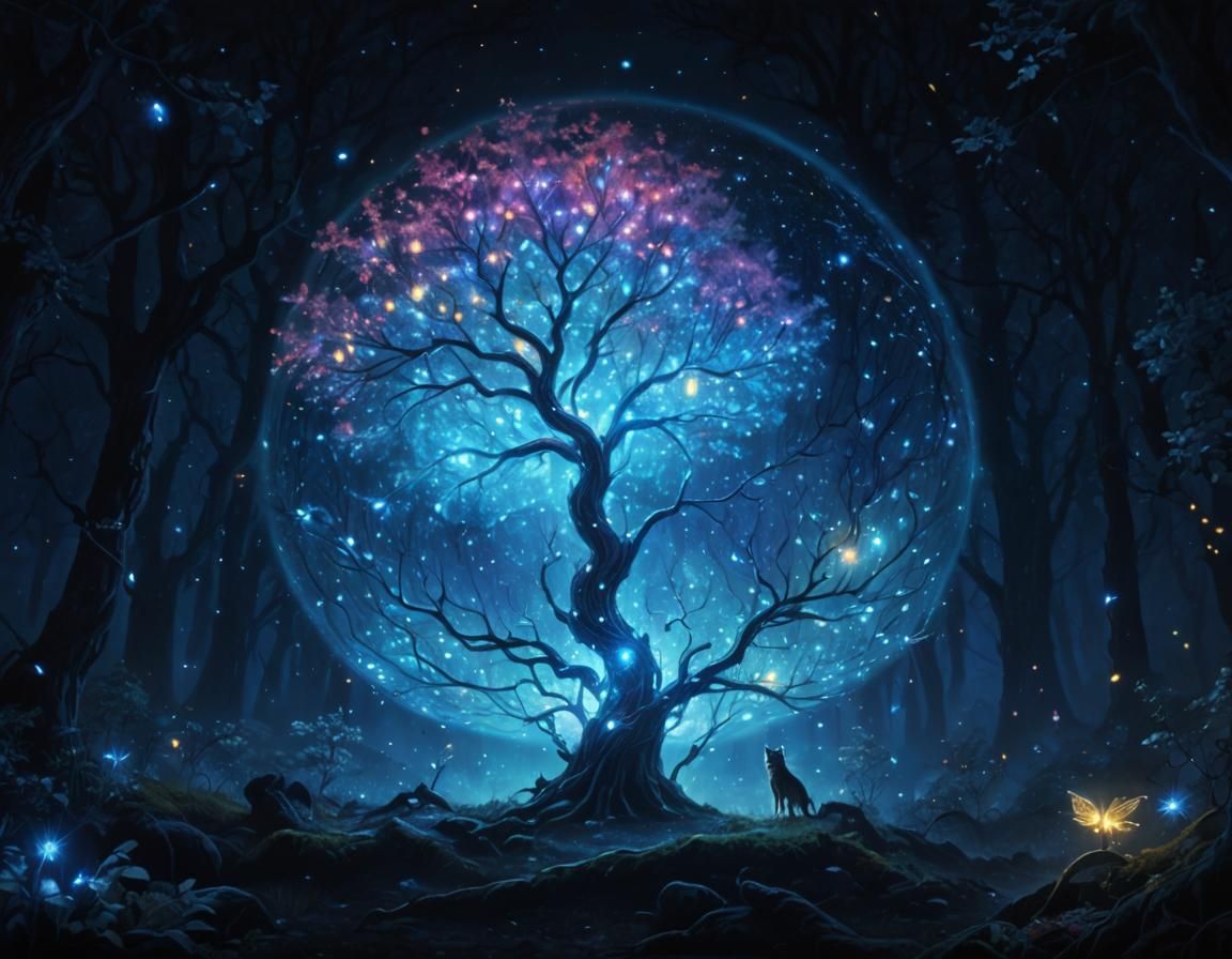 Mystical Guardian and Bioluminescent Tree, Surreal Oil Paint...