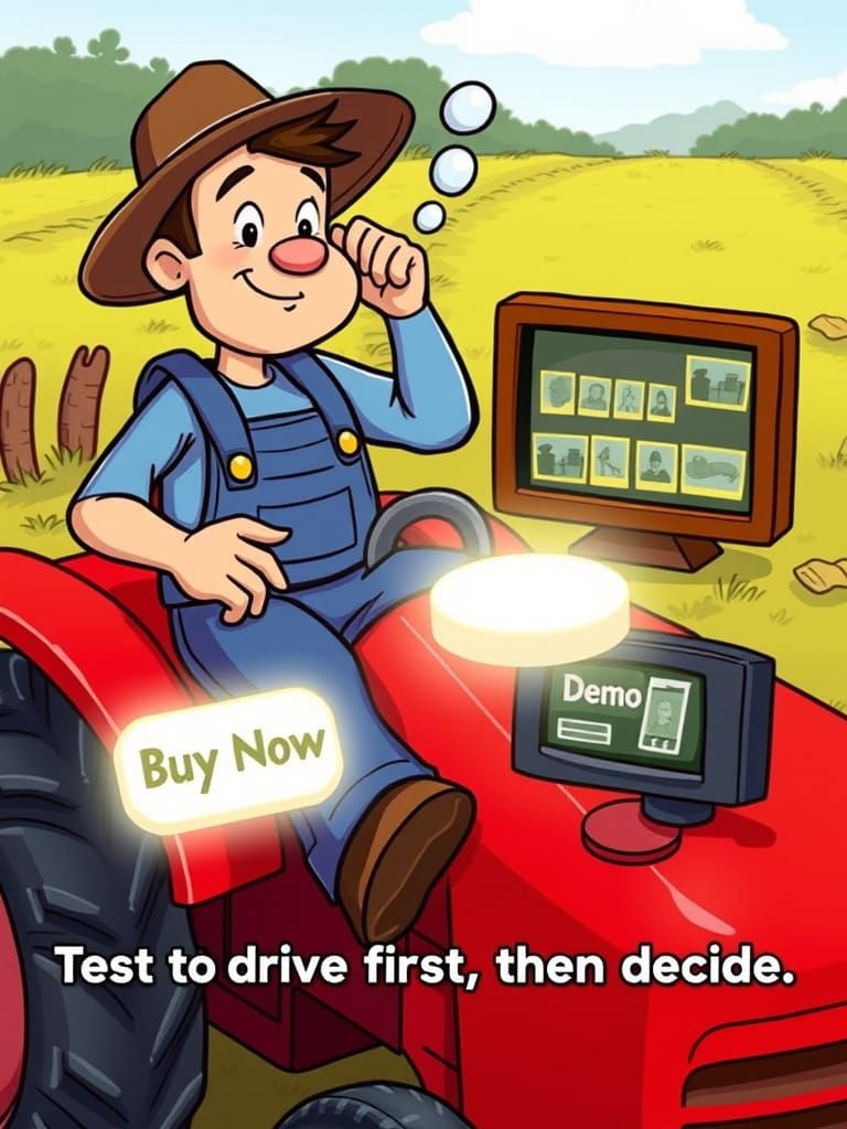 Farmer Tests Tractor Demo Before Buying in Animation Style
