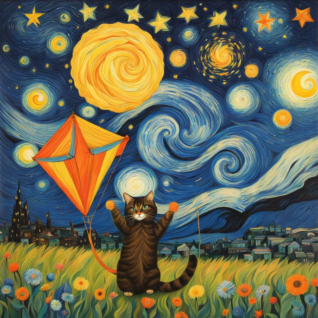 Anthropomorphic Cat Kite Flying, Starry Night Crayon Drawing