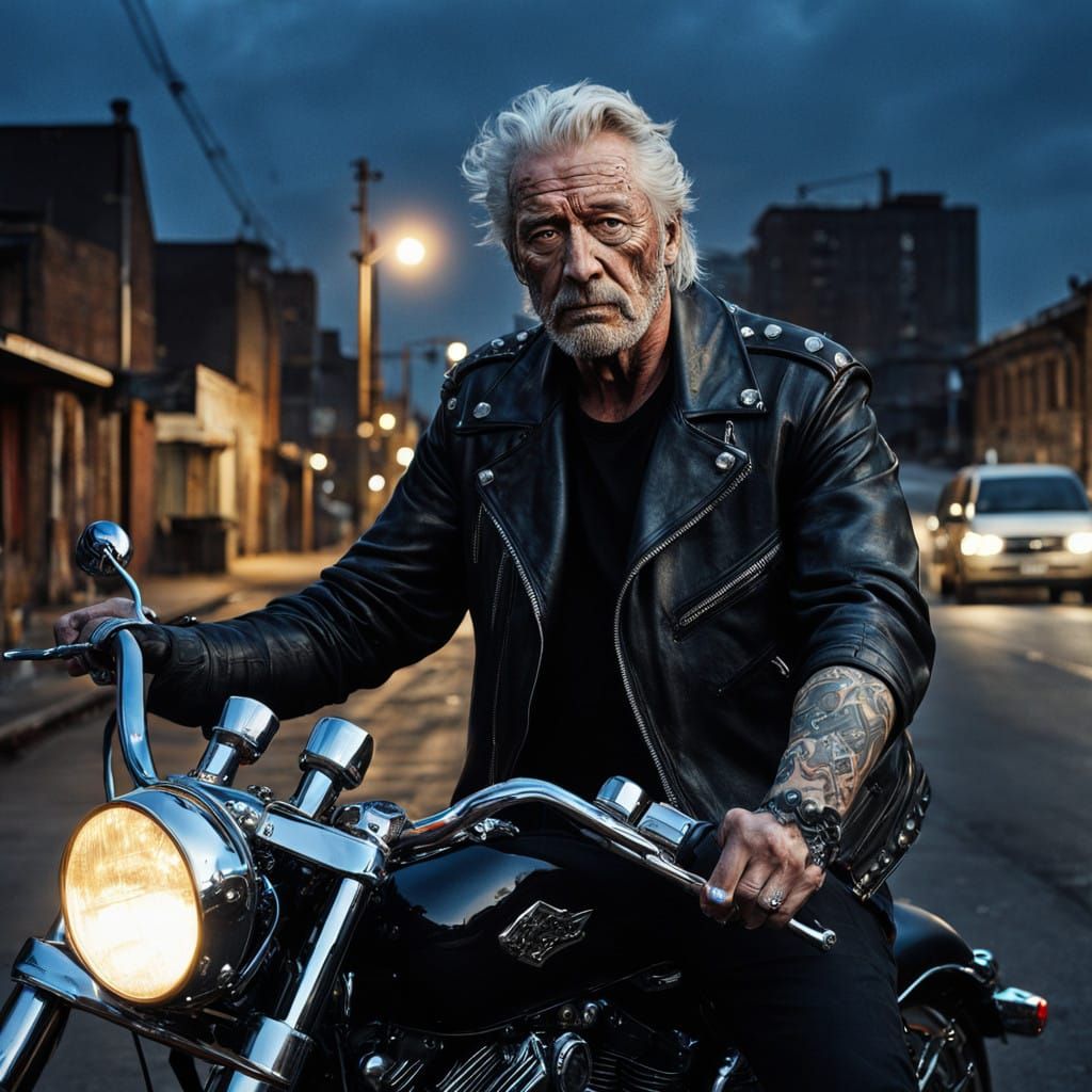 Rugged Biker Situated in Gritty Urban Landscape