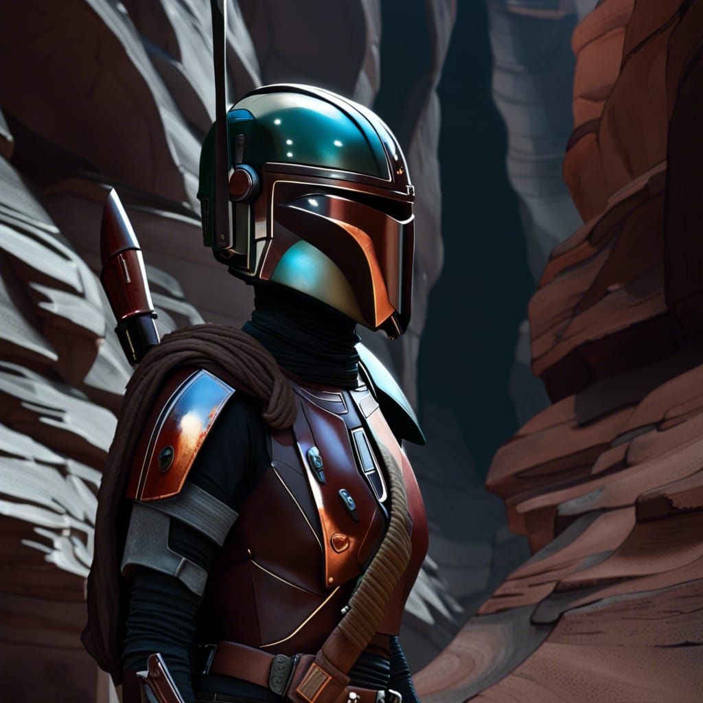 Mandalorian Warrior in Dark Canyon, Photorealistic Image