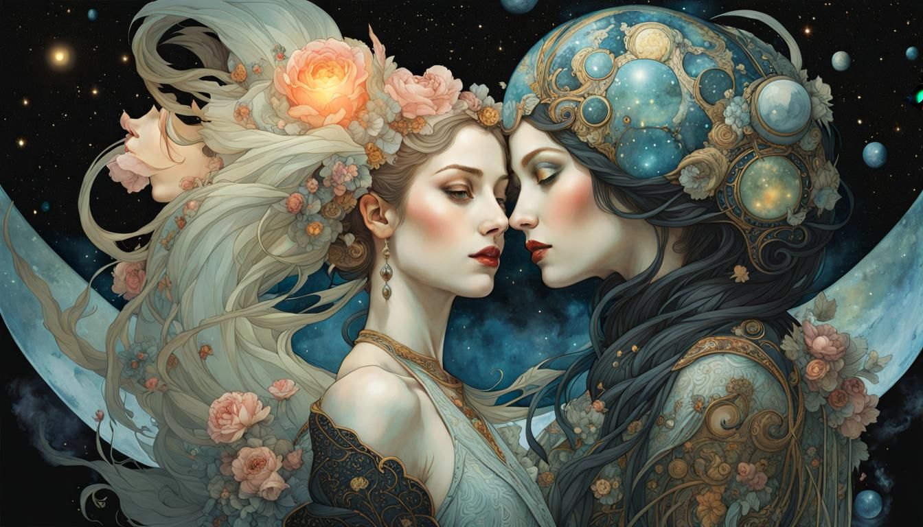 Cosmic Lovers in Watercolor Starscape Illustration