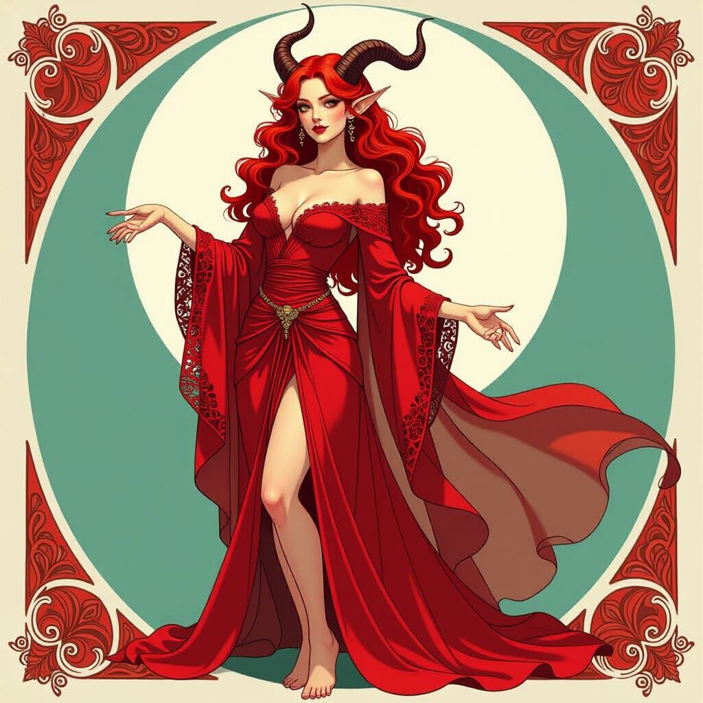 Tiefling in Red Robe, Art Nouveau Style