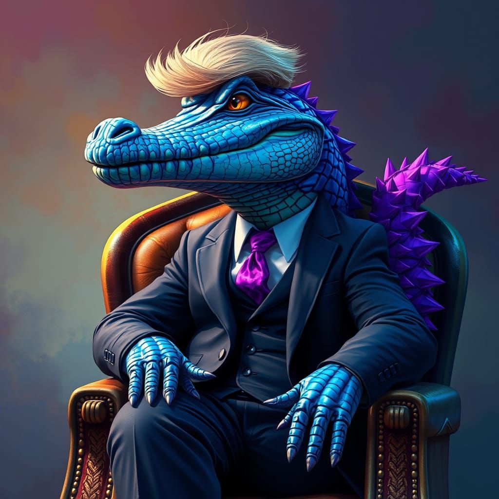 Alligator in Suit with Trump Hair, Hyperrealistic Art